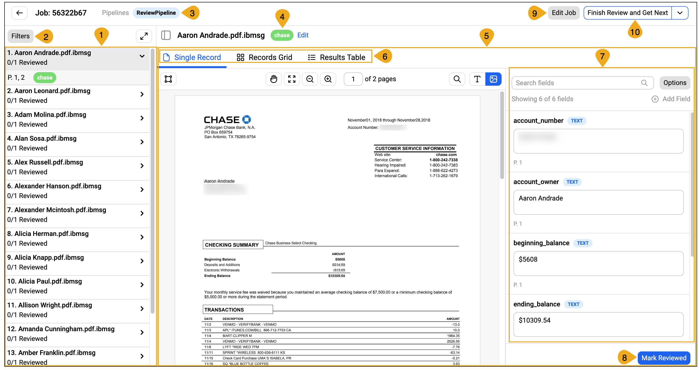 The Flow Review user interface, with components numbered for cross-reference with adjacent descriptions