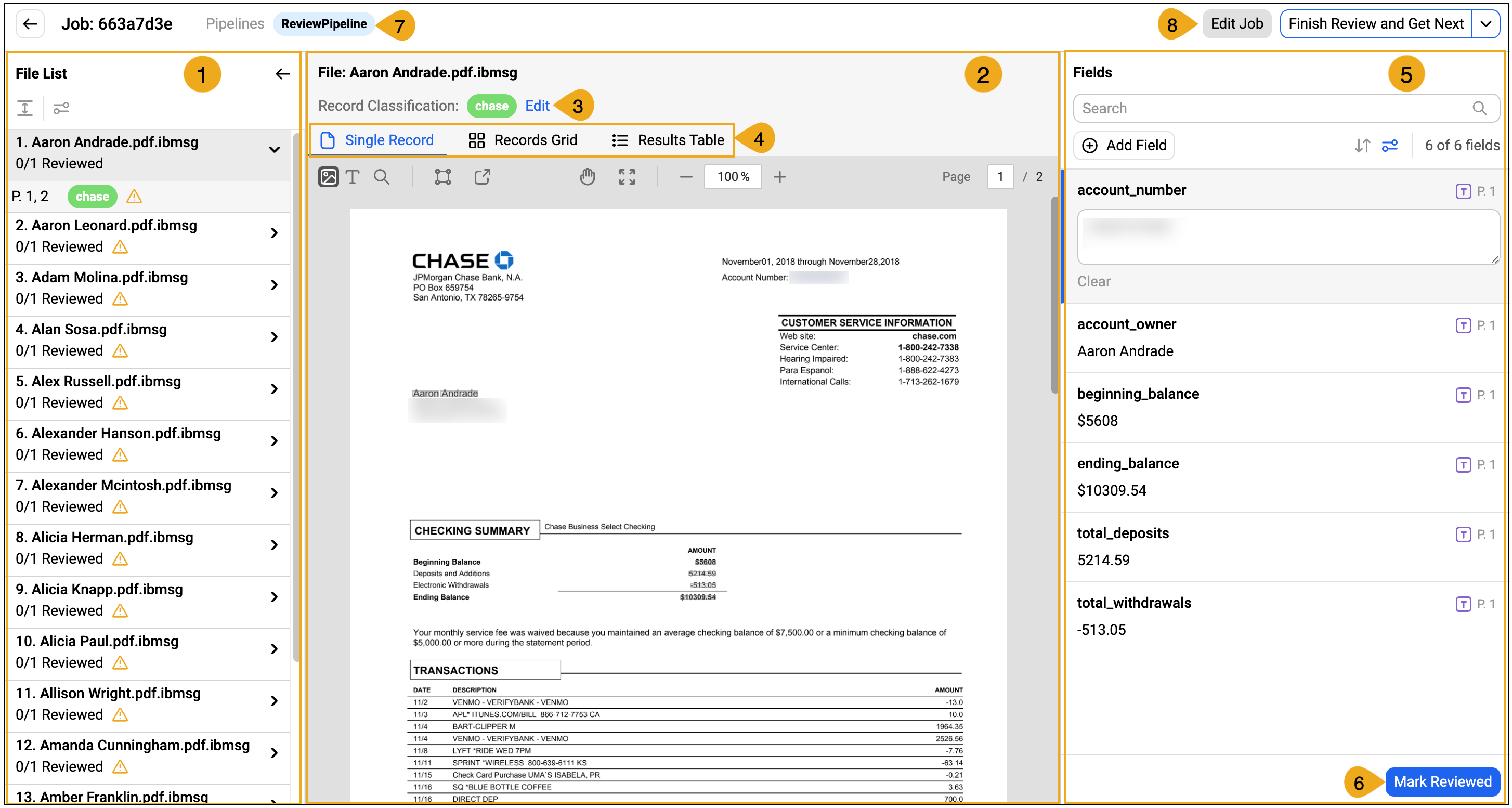 The Flow Review user interface, with components numbered for cross-reference with adjacent descriptions