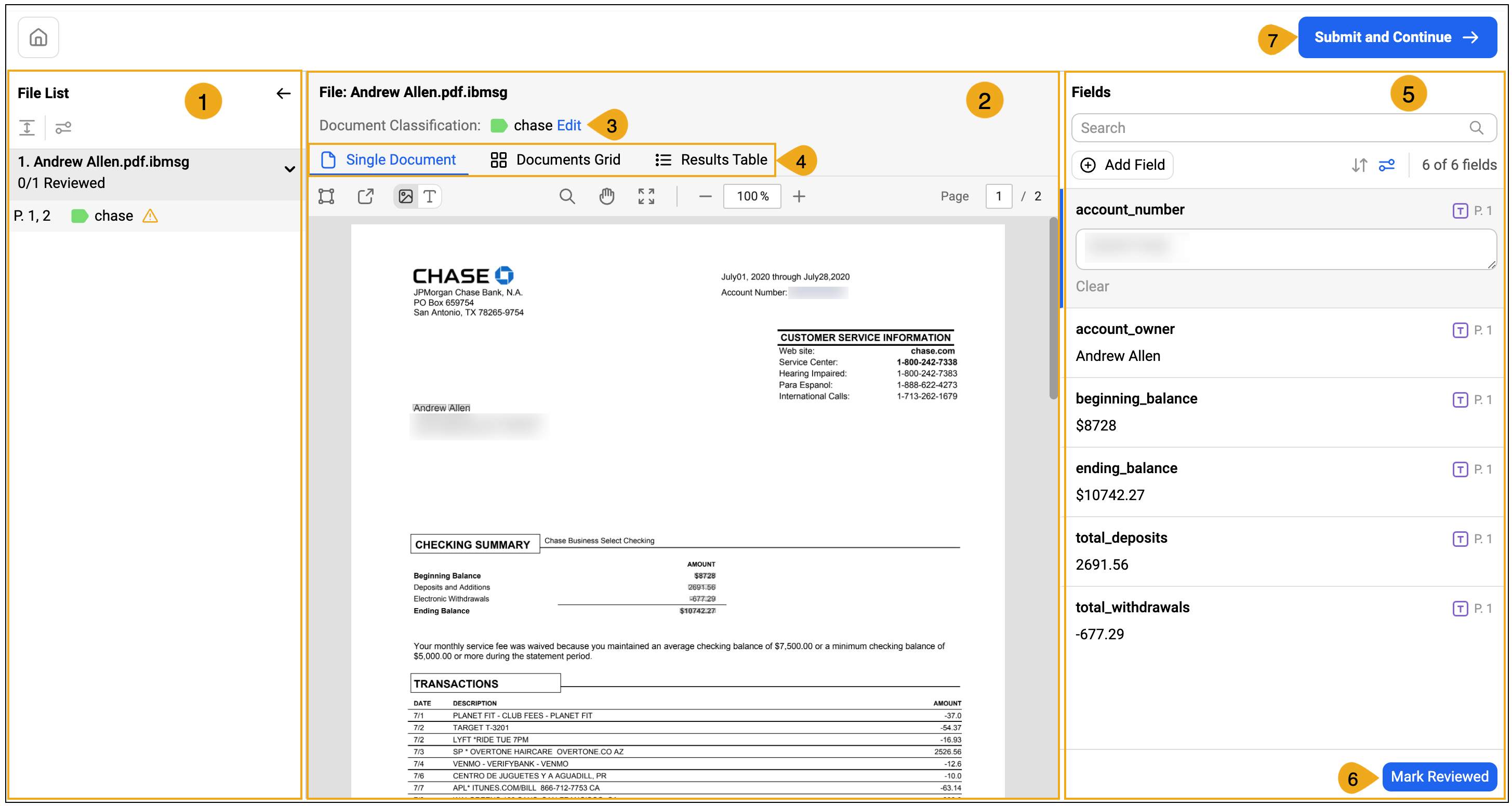 The Flow Review user interface, with components numbered for cross-reference with adjacent descriptions